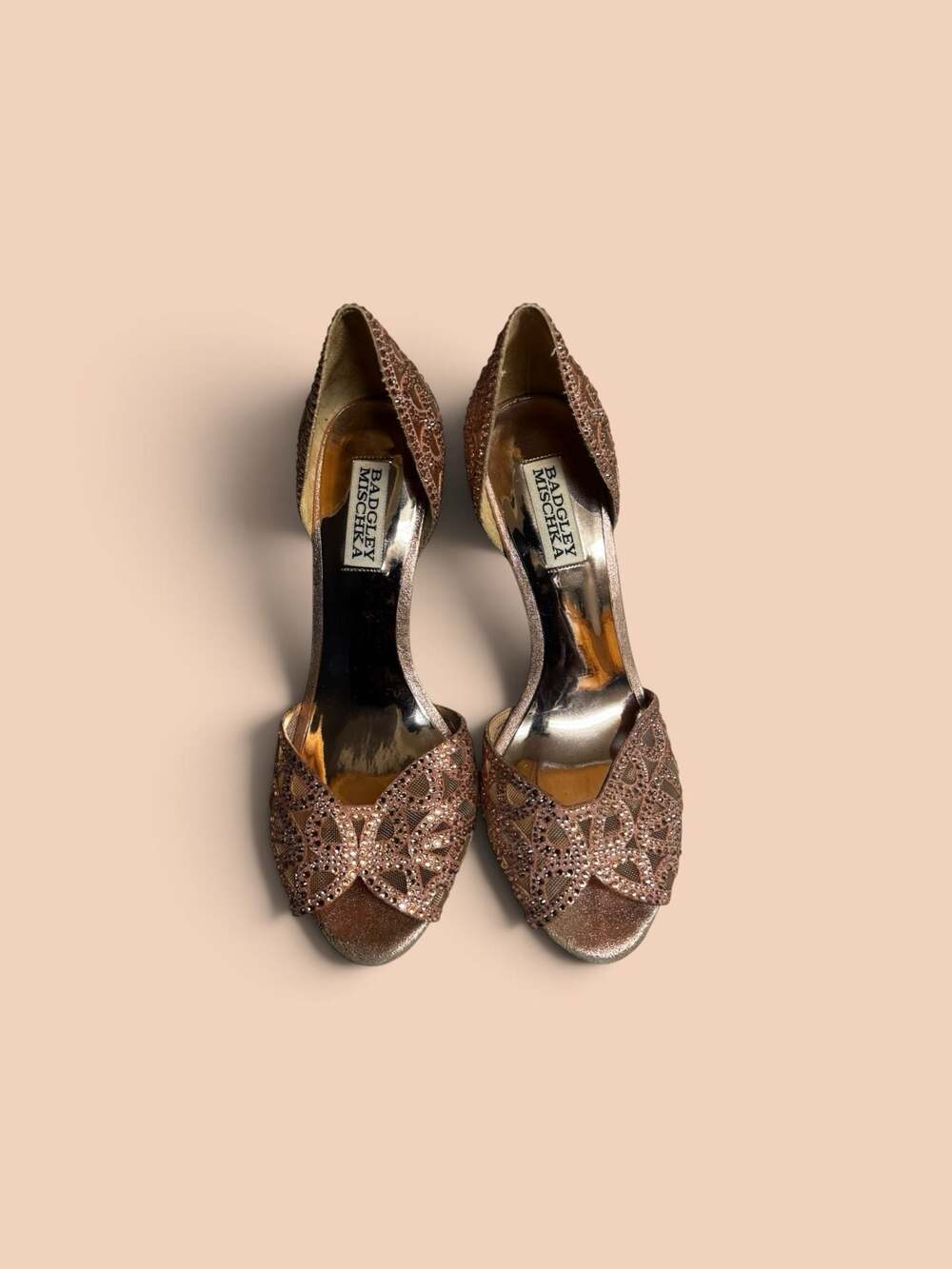 Badgley Mischka Harris Peep-Toe d'Orsay Pumps Rose Gold Rhinestone Heels